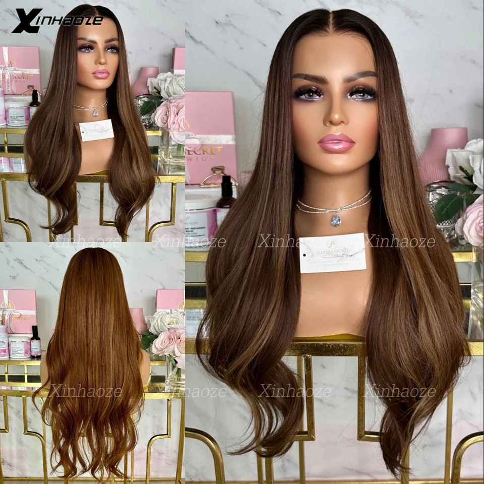 #30 Brown Human Hair With Blonde Thin Line Highlight Silk Top Human Hair Wigs Natural Wave 13x6/360 Lace Front Human Hair Wigs