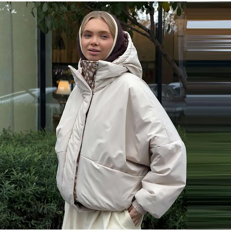 Reversible Spot Printed Women's Winter Jacket Hooded Full Sleeve Loose Cropped Padded Coats New Casual Warm Outwear 2026