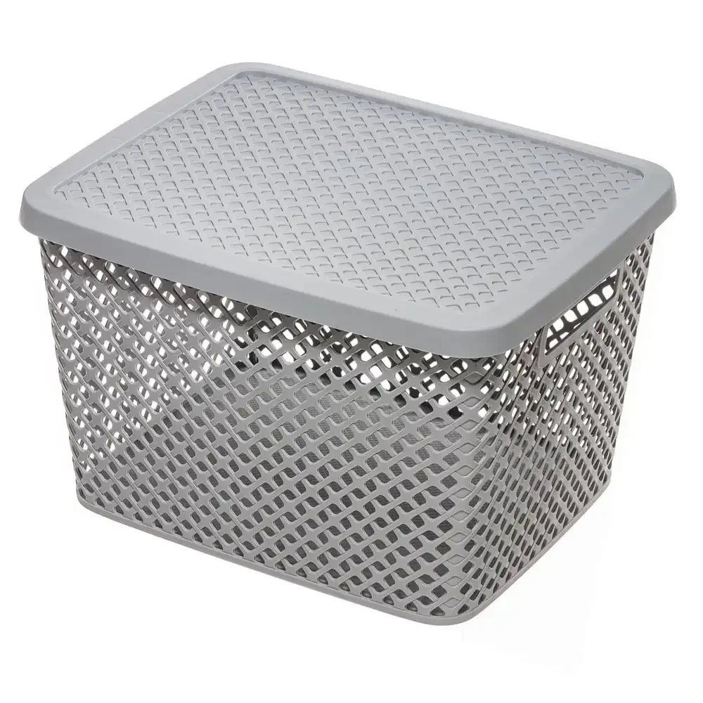 NEW Extra Large Decorative Plastic Storage Basket w/Lid, Gray