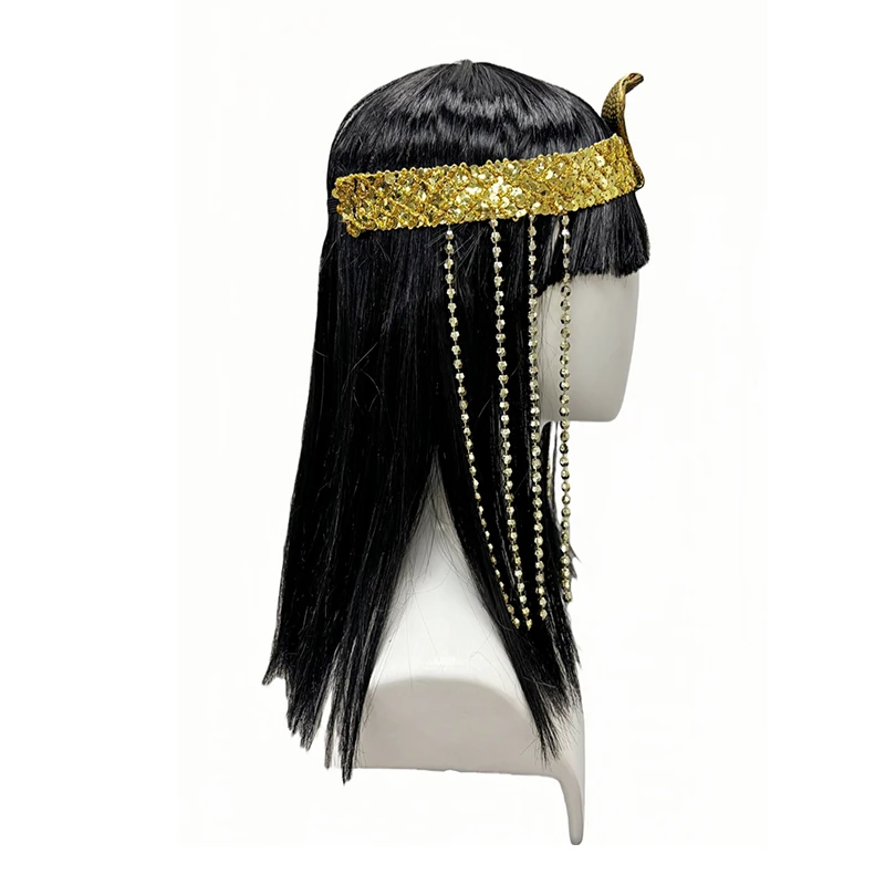 Black Straight Synthetic Wig Snake Bead Tassel Cleopatra Egyptian Queen Halloween Cosplay Ancient Egypt Party Costume Hairpiece image 5