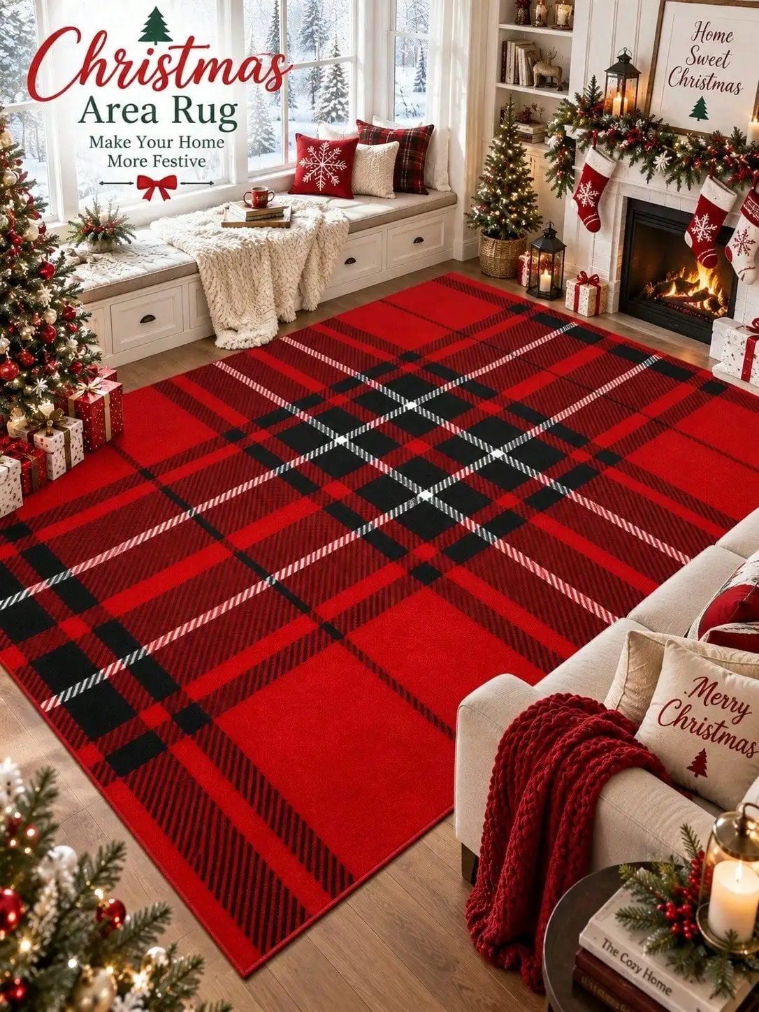 Christmas Rug Tartan Plaid Floor Decor Carpet Runner Rugs Home Decor Living Room Bedroom Dining Hall Office Dorm Entryway Apartment Studio Foyer Fireplace Housewarming Gift for Family Friends Sisters Neighbors Birthday Halloween Thanksgiving Party