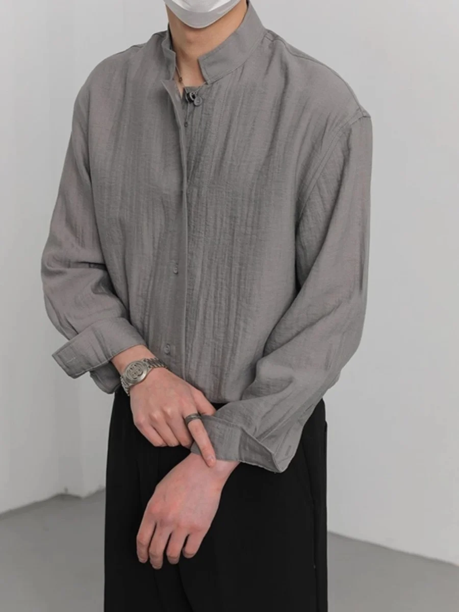 

Casual Chinese Sle irt Men's Loose Long Sve Stand Collar Linen Spring Summer Thin Top Trendy Leisure