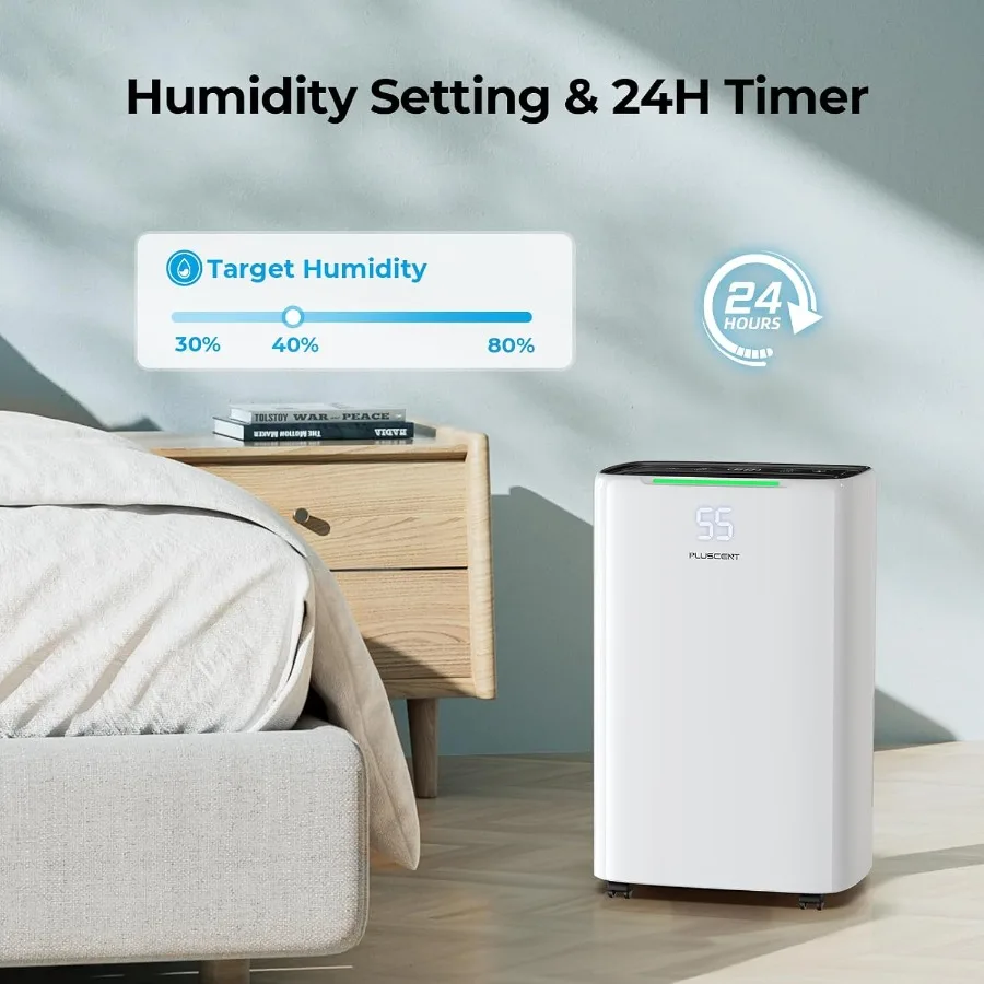 Deshumidificador de gran capacidad de 5000 pies cuadrados para baño de dormitorio en sótano con manguera de drenaje continua de hasta 52 pintas de funcionamiento de día y 4