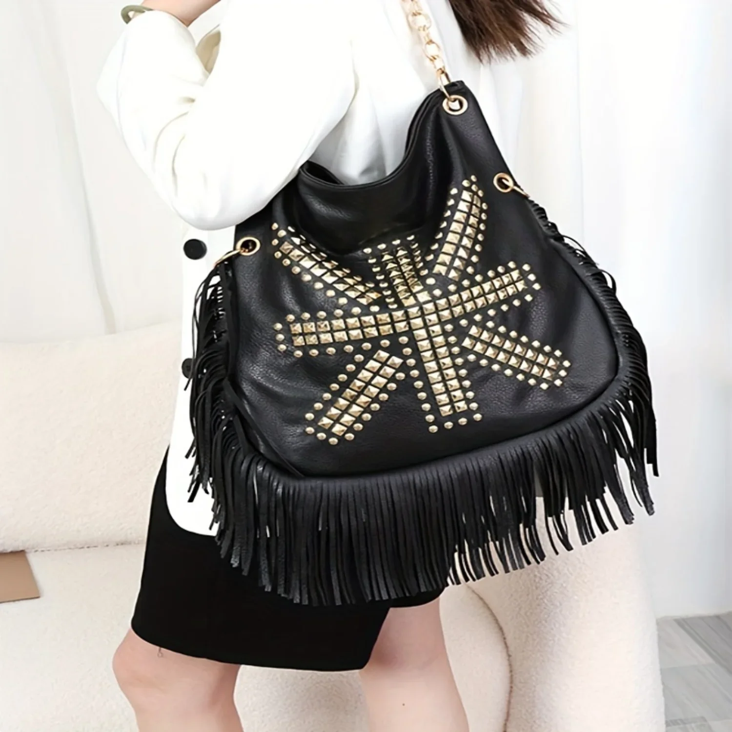 

Women's Fringed Crossbody Bag - Punk Style Hobo, Large Capacity Shoulder Bag with edgy flair for trendy fashionistas