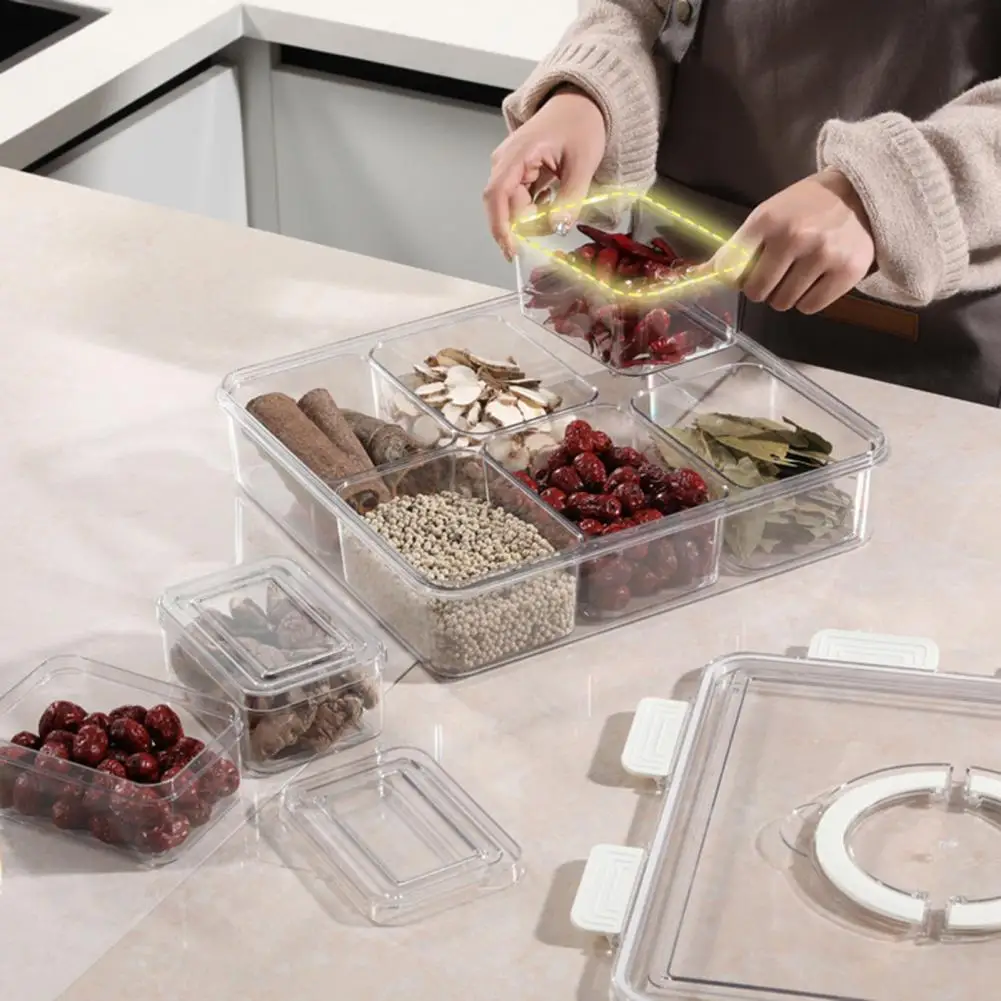 

288Oz Fruit Vegetable Storage Box 6 Compartment Divided Serving Tray With Lid Handle Candy Cookie Nut Snack Organizer For Picnic