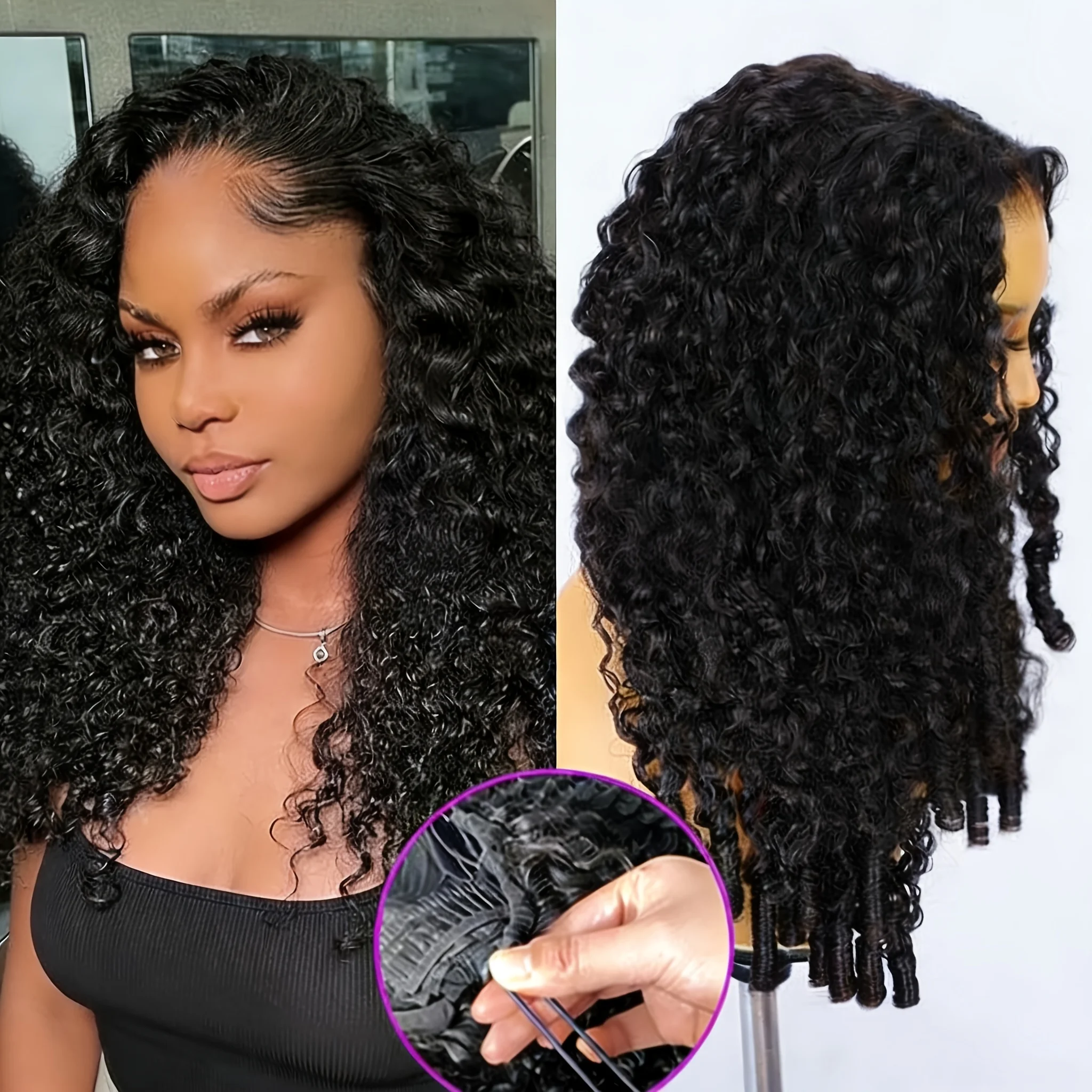 

3 in 1 Glueless Half Wig Human Hair Burmese Curly Wave Headband Wig 200%Density Drawstring Flip Over Seamless Half Wig for Women
