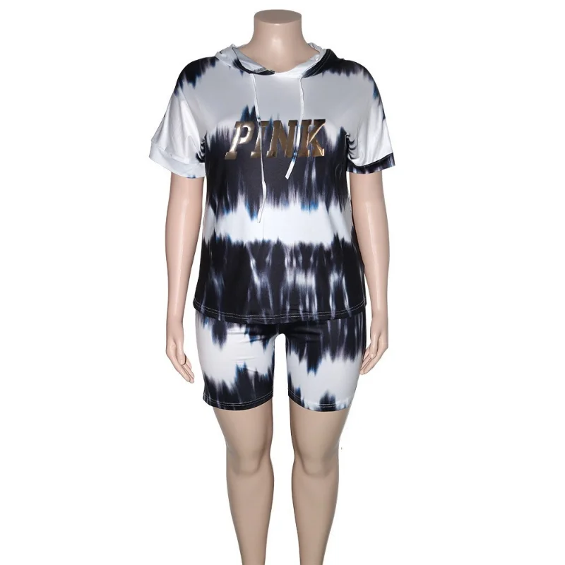 XL-4XL Plus Size Matching Sets Women Clothing Summer 2023 Fashion Tie Dye Hoodies Short Sleeve Two Piece Sets Female Outfits