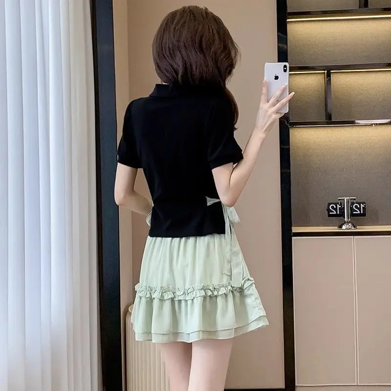 Chinese-style Qipao Modified Suit for Women Sweet and Slimming Summer Outfit with Knotted Buttons and A-line Skirt