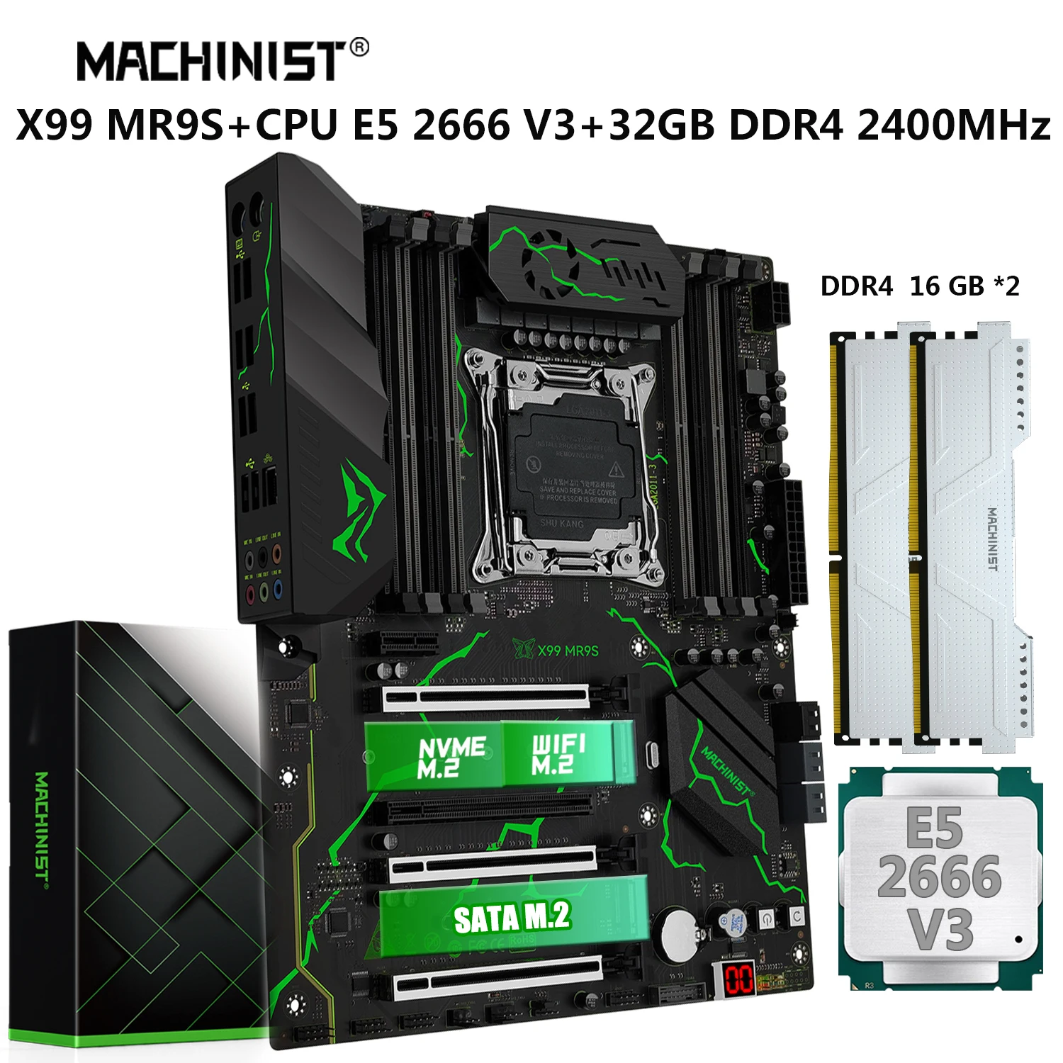 MACHINIST MR9S X99 Motherboard Combo LGA 2011-3 Xeon E5 2666 V3 Kit CPU 2pcs*16GB DDR4 2400MHz Memory Set SATA NVME M.2 USB 3.0