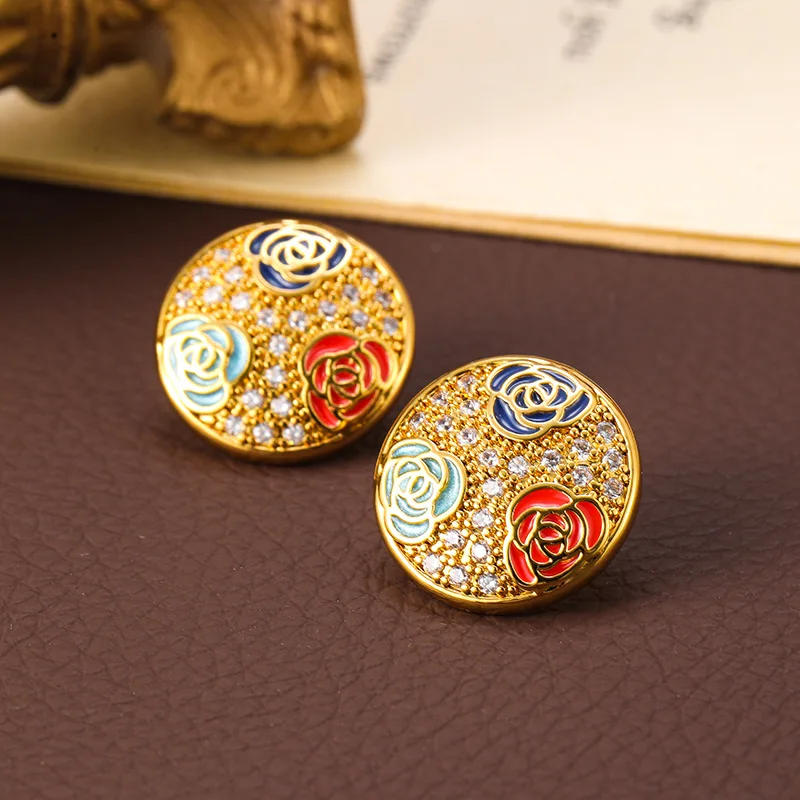 

Designer Korean Style Women Full Zircon Rose Flower Enameled Copper 18k Gold Plated Round Stud Earrings Jewelry Set