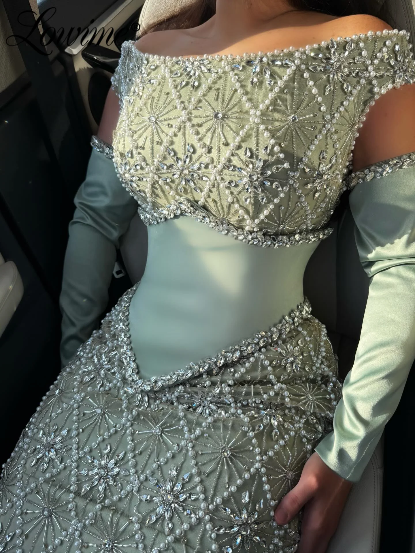 

2026 New Customized Sage Green Mermaid Evening Dress for Women Crystals Pearl Arabic Long Sleeves Formal Prom Wedding Party Gown
