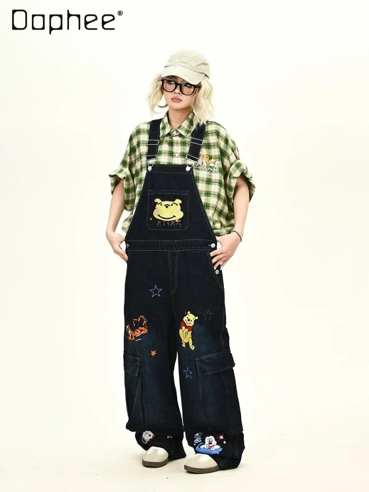 

American Retro Bear Embroidery Vintage Denim Overalls for Men and Women Couples Loose Casual Jumpsuit Women’s Jeans