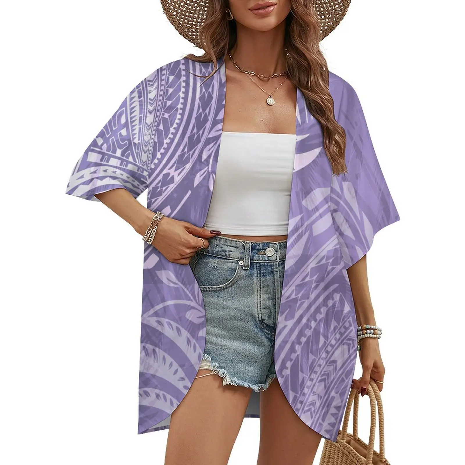 Simple Women's Thin Cardigan Half Sleeve Summer Cool Loose Polynesian Tribal Style Women's Casual Cardigan