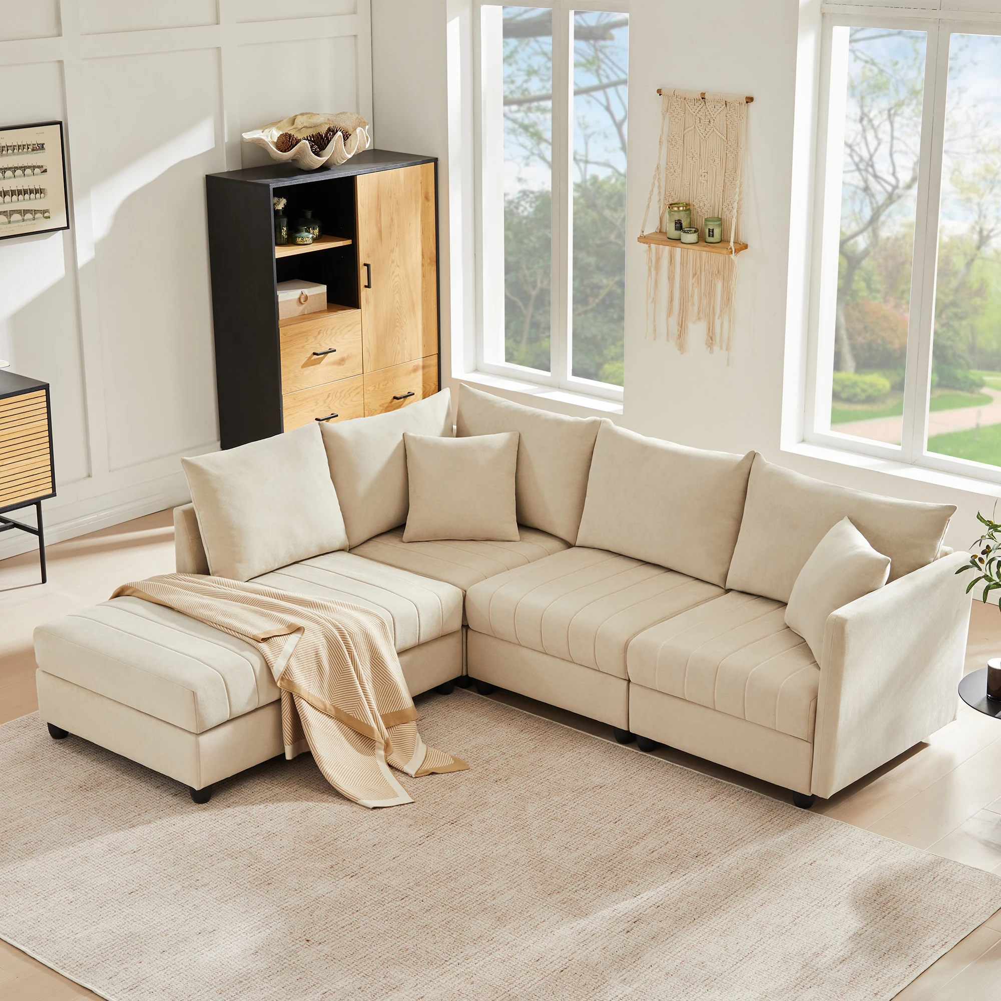 Canapé d'angle modulable 5 places avec pouf convertible - Resorts Ensachés, coton et lin beige