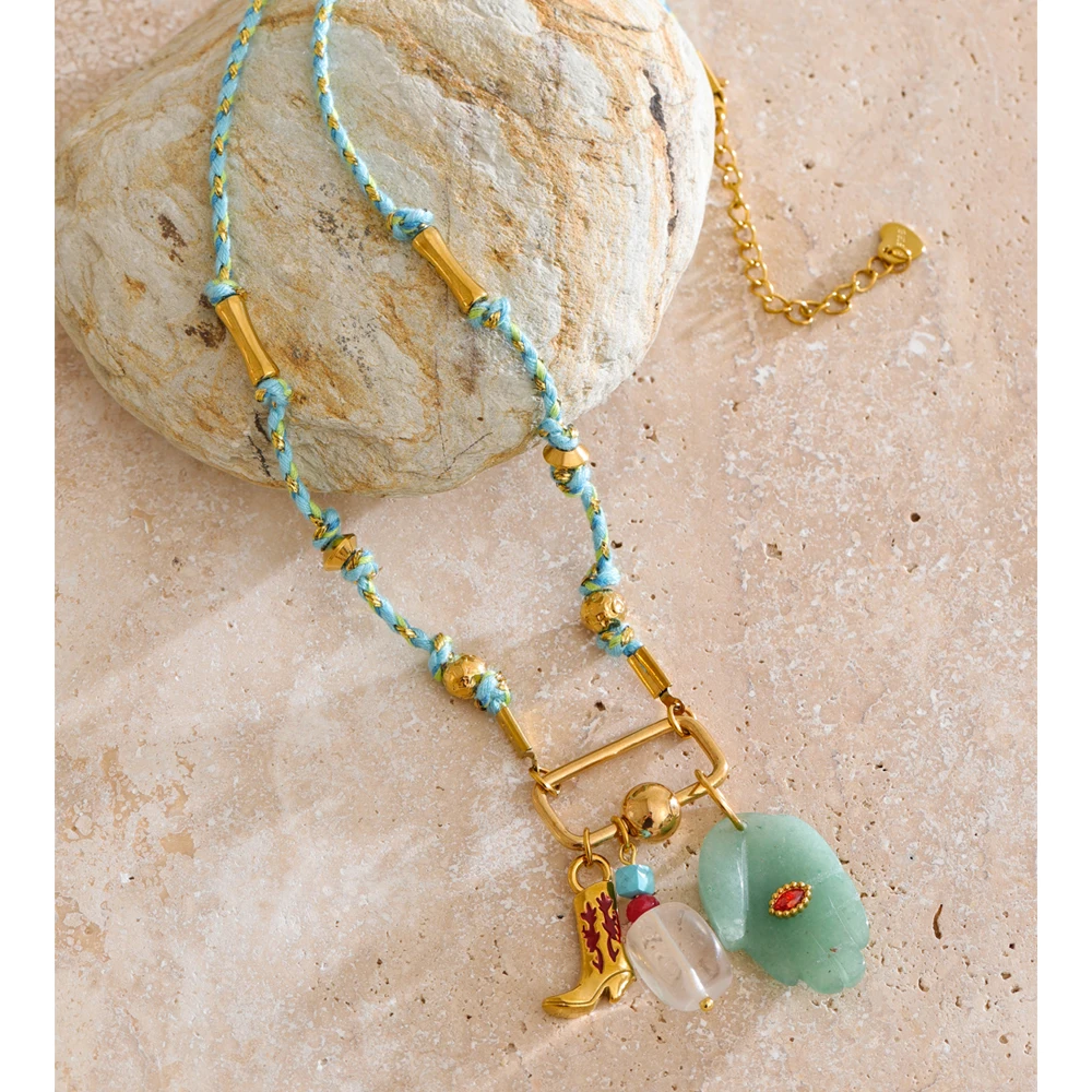 Yhpup Natural Aventurine Stone Palm Sun Heart Charm Necklace Pendant Stainless Steel Rope Braided Chain Handmade Jewelry Gift