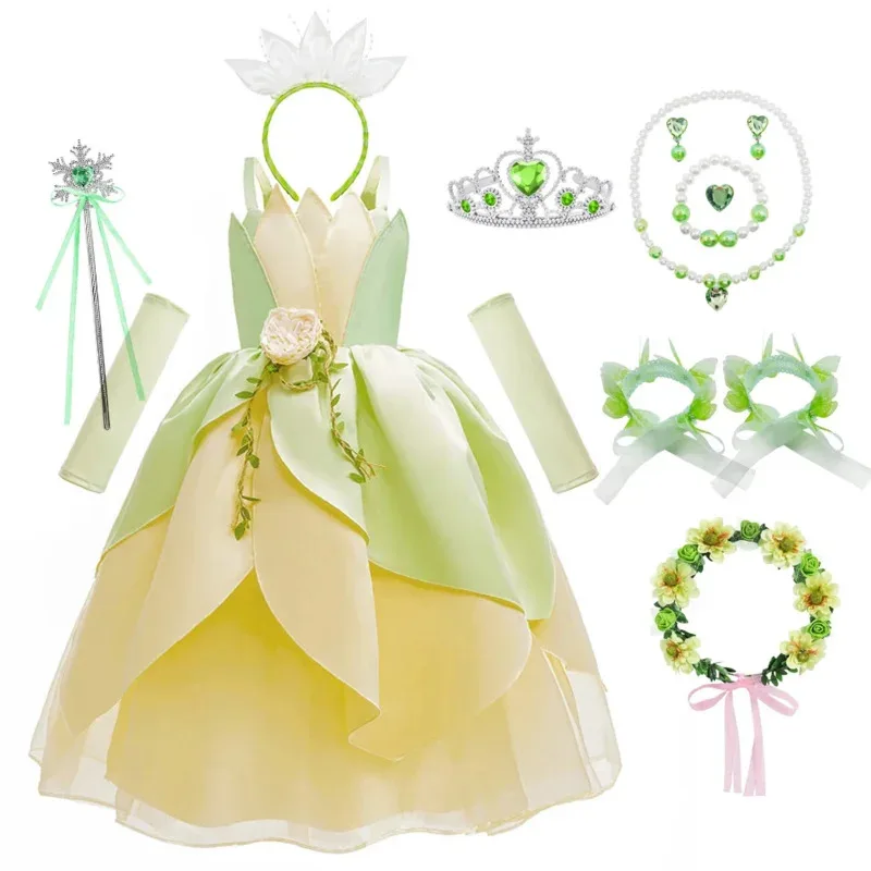 

Princess Tiana Dress Frog Girls Princess Cosplay Halloween Elves Costume Party Infant Green Off Shoulder Ball Gown Tiana