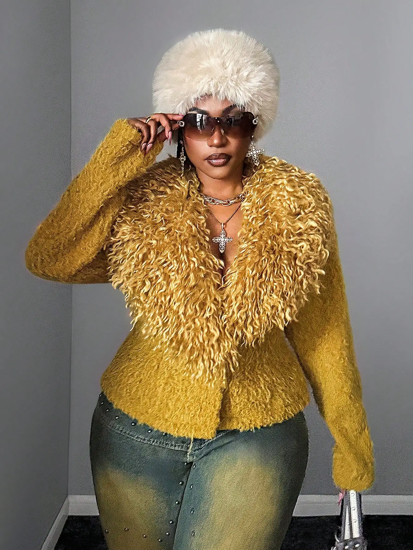 

Vintage Faux Fur Collar Knit Jacket for Women, Plus Size, Mustard Yellow, Winter Party Wear