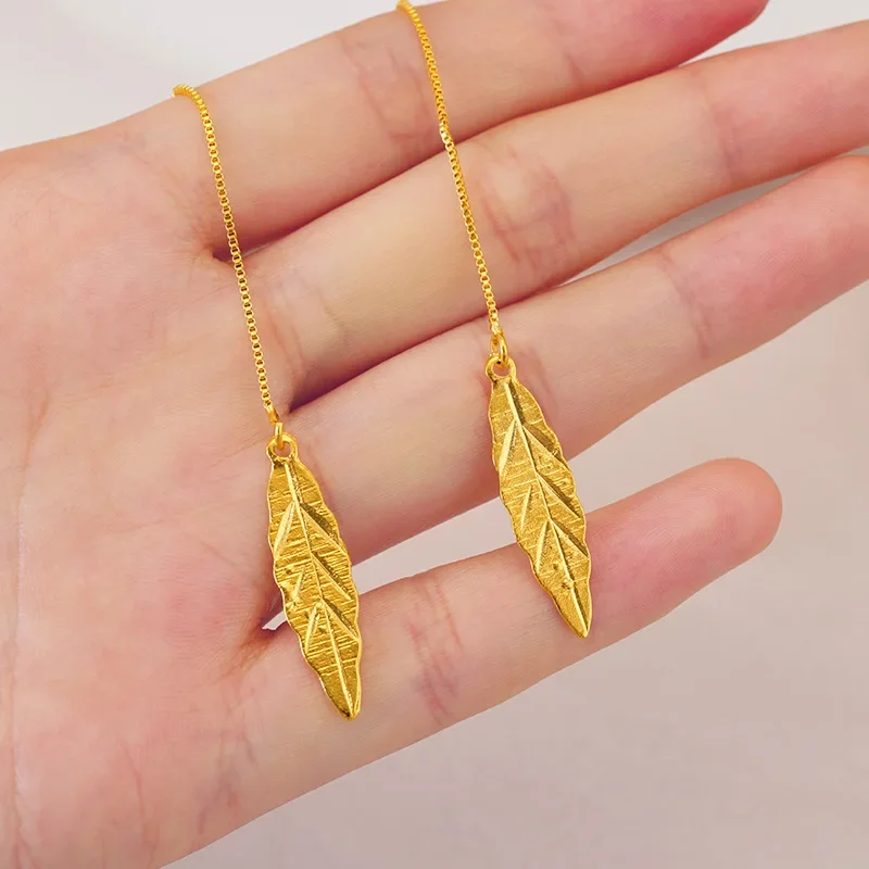 1 Pair Pure 999 Gold Earrings Drop For Women, Real 24K Yellow Gold Mini Leaf Charms Earrings Line Jewelry