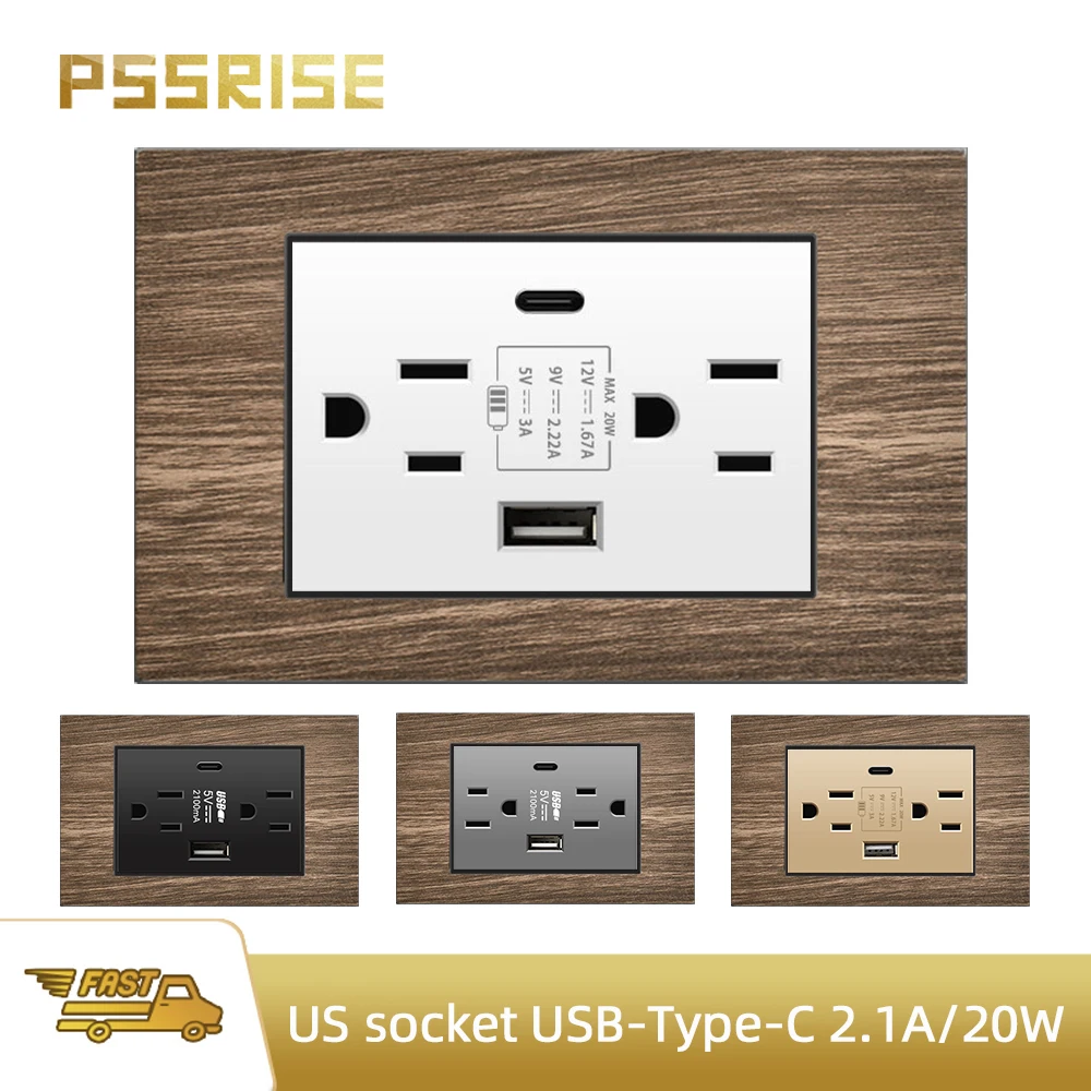PSSRISE US Standard 118mm USB Type-c 5V 2.1A Double Sockets Wood Grain Panel with usb Charging Smart Home Appliance Plug Adapt
