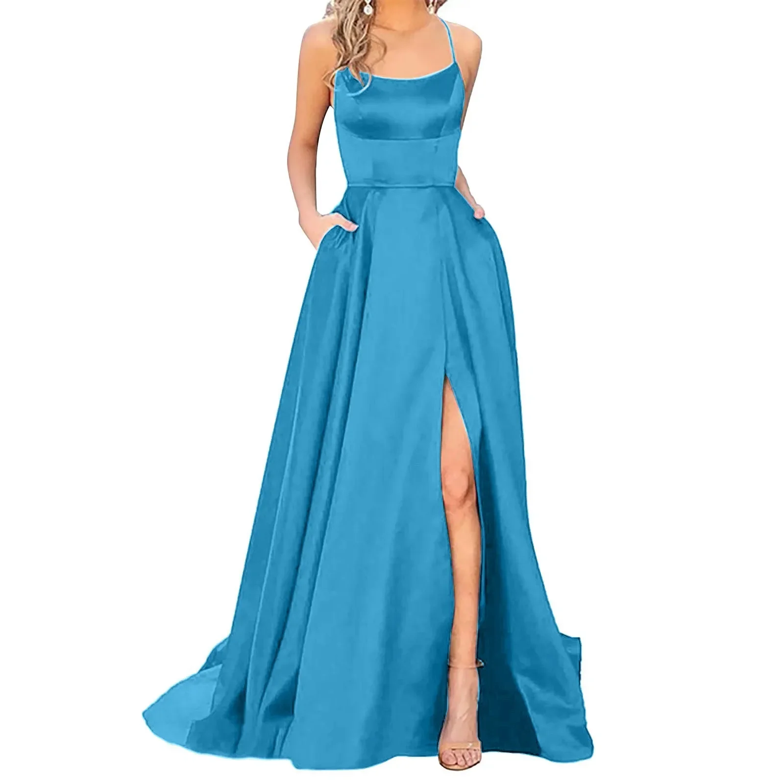 2023 Sexy V Neck Satin Evening Dresses Spaghetti Strap Side Slit Prom Dress High Waist Evening Gowns Party Dress Robe de soiree