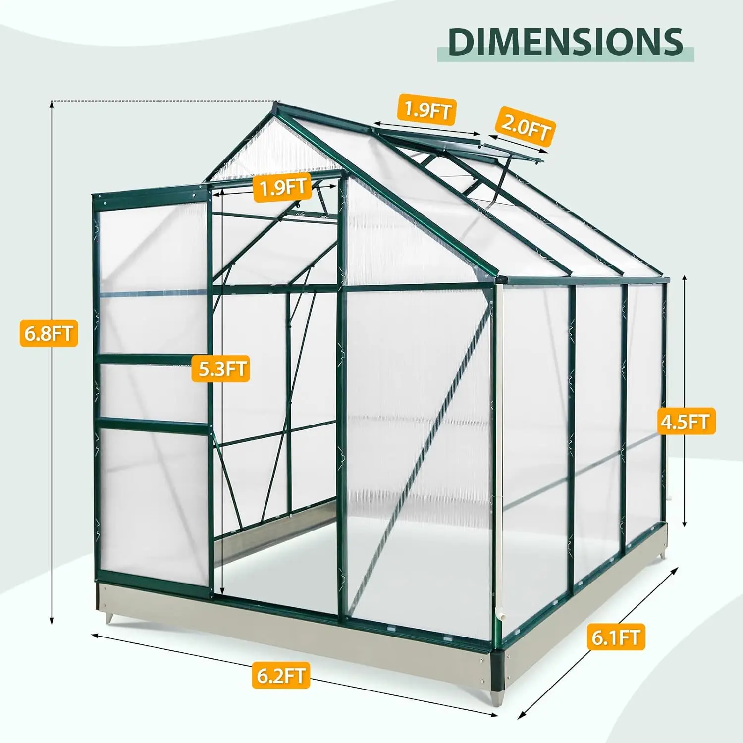 Eagle Peak 6X6X7 Outdoor Walk-In Hobby Greenhouse With Adjustable Roof Vent, Rain Gutter, Base And Anchor, Polycarbonate