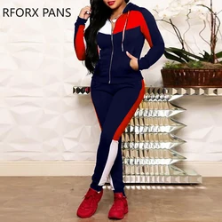 Women Hooded Tape Side Stripe Zipper Jacket Tops & Skinny Bottoms Sporty Two Pieces Pants Set