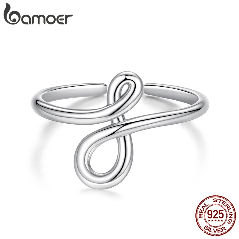 BAMOER 925 Sterling Silver Infinite Sleek Open Ring, Twisted Love Ring for Women Girls Minimalist Birthday Dating Jewelry Gift