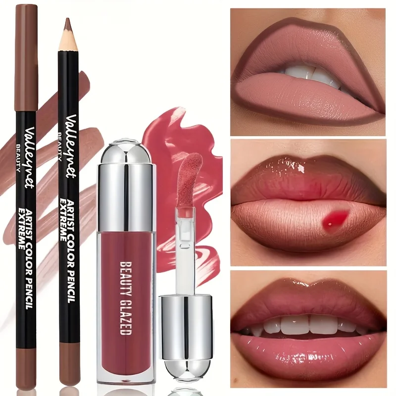 Set di 2 lucidalabbra e matite per labbra, olio per labbra con bellezza a lunga durata, lucidalabbra opaco, rossetto opaco, set di matite per labbra quotidiano