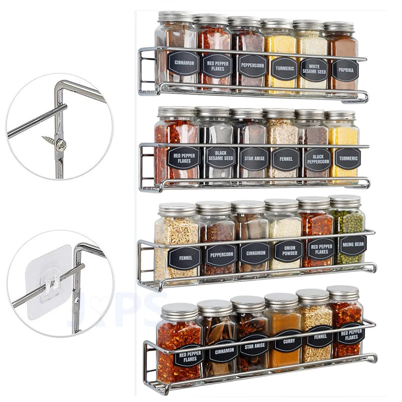 2PCS Wall Mount Spice Rack Metal Spice Storage Rack Spice Jar Rack Cabinet Shelf Seasoning Organizer Rack Kitchen Organizer