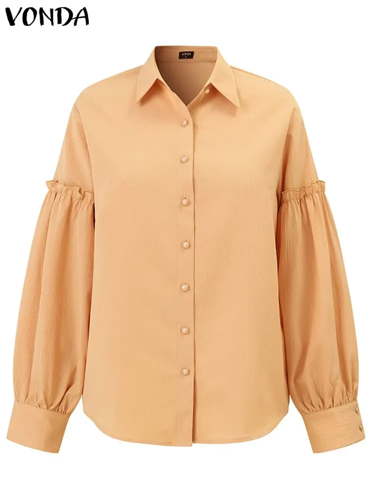 VONDA Long Sleeve Shirts Women Elegant Solid Color Blouse 2023 Casual Puff Sleeve Party Tops Femininas Tops Baggy