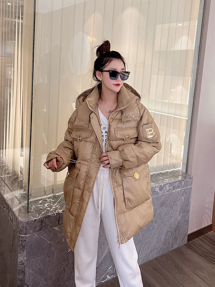 2022 Winter Jacket Women Short Parkas Fashion Pocket Hooded Down Jackets Streetwear Letter Loose Cotton Coat Female