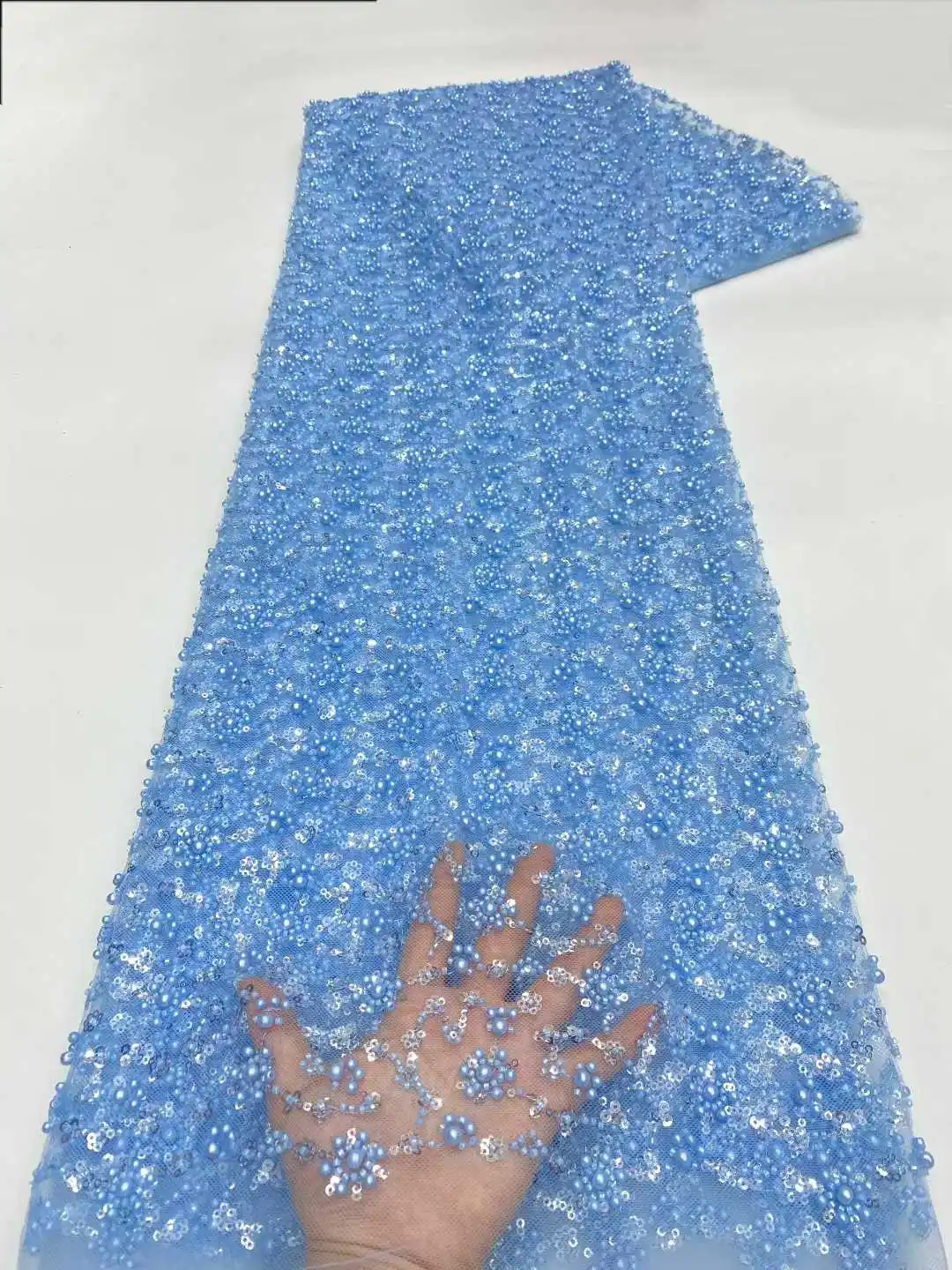 

African Sequins Mesh Lace Fabric 2026 High Quality French Heavy Beaded Tulle Lace Fabric Nigerian For Bridal Party Dress