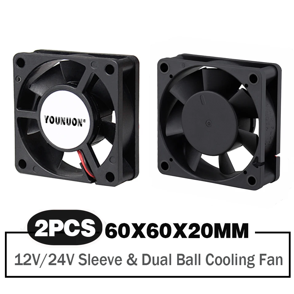 

2 PCS YOUNUON 60x60x20mm 6020 12V 24V Dual Ball 3D Printer Cooler Fan 60mmx20mm Brushless Machine Equipment DC Motor Cooling Fan