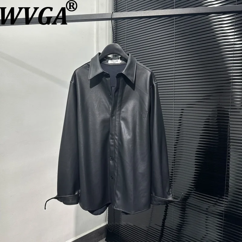 

WVGA весна осень новый мужской прилив темный стиль кожаная куртка рубашки с длинными рукавами нишевые шикарные повседневные топы с отложным воротником Ins W15158