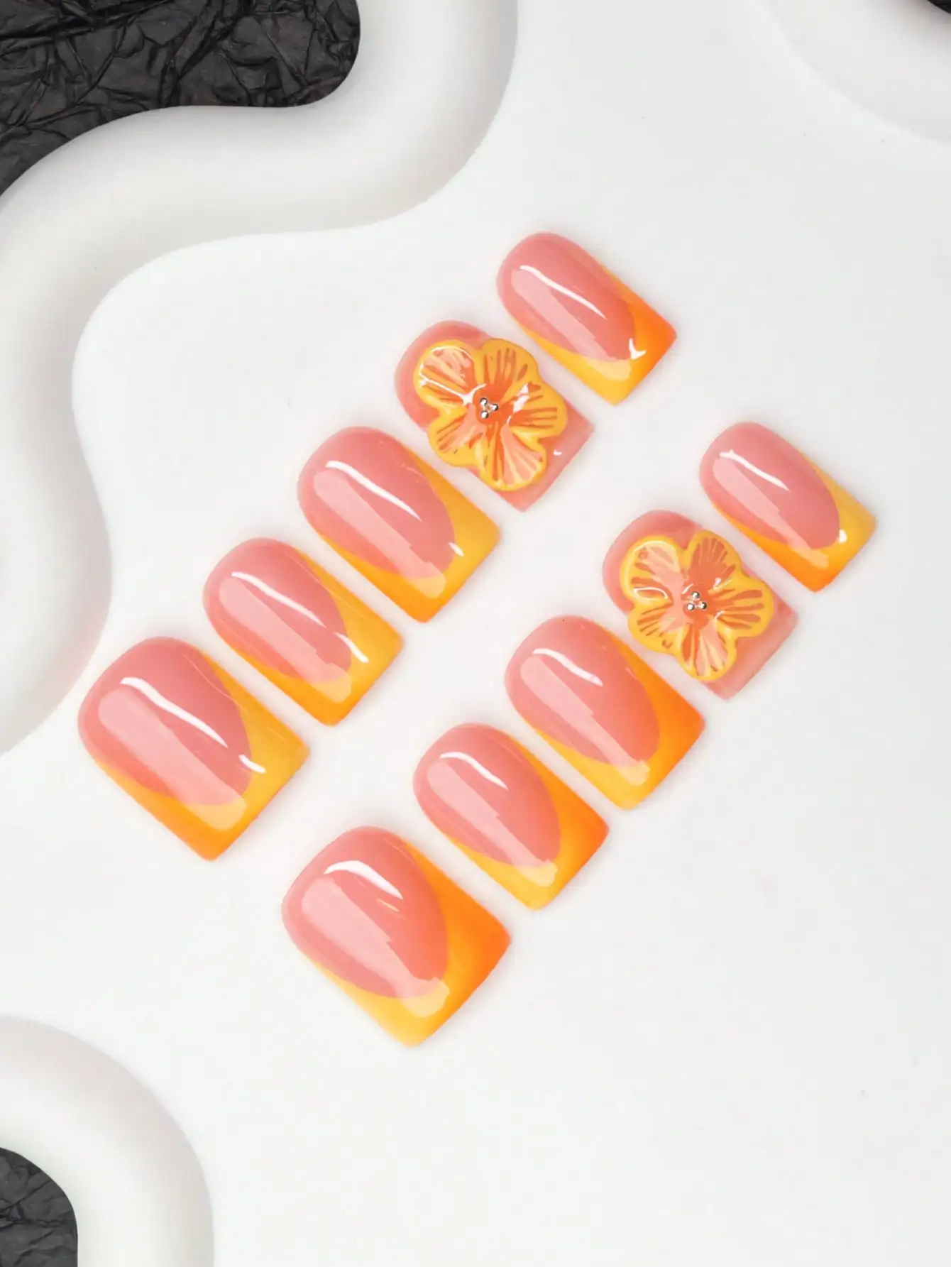 

10pcs Square Shaped Handmade Nail Tips, Y2K Baddie Style, Nude & Orange Color With French Tips, Ombre, Floral Designs, Suitable