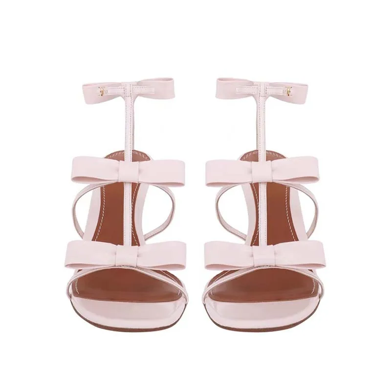 

Pink Bow Buckle Stiletto Sandals Sexy Square Open-Toed High Heels Large Size Thin-Strap Slippers Women Shoes
