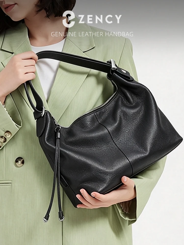 Zency 100% Genuine Leather Large Women Top Handle Shoulder Bag Tote Handbag Purse Black Leather Hobo Bag Underarm Zipper Bags