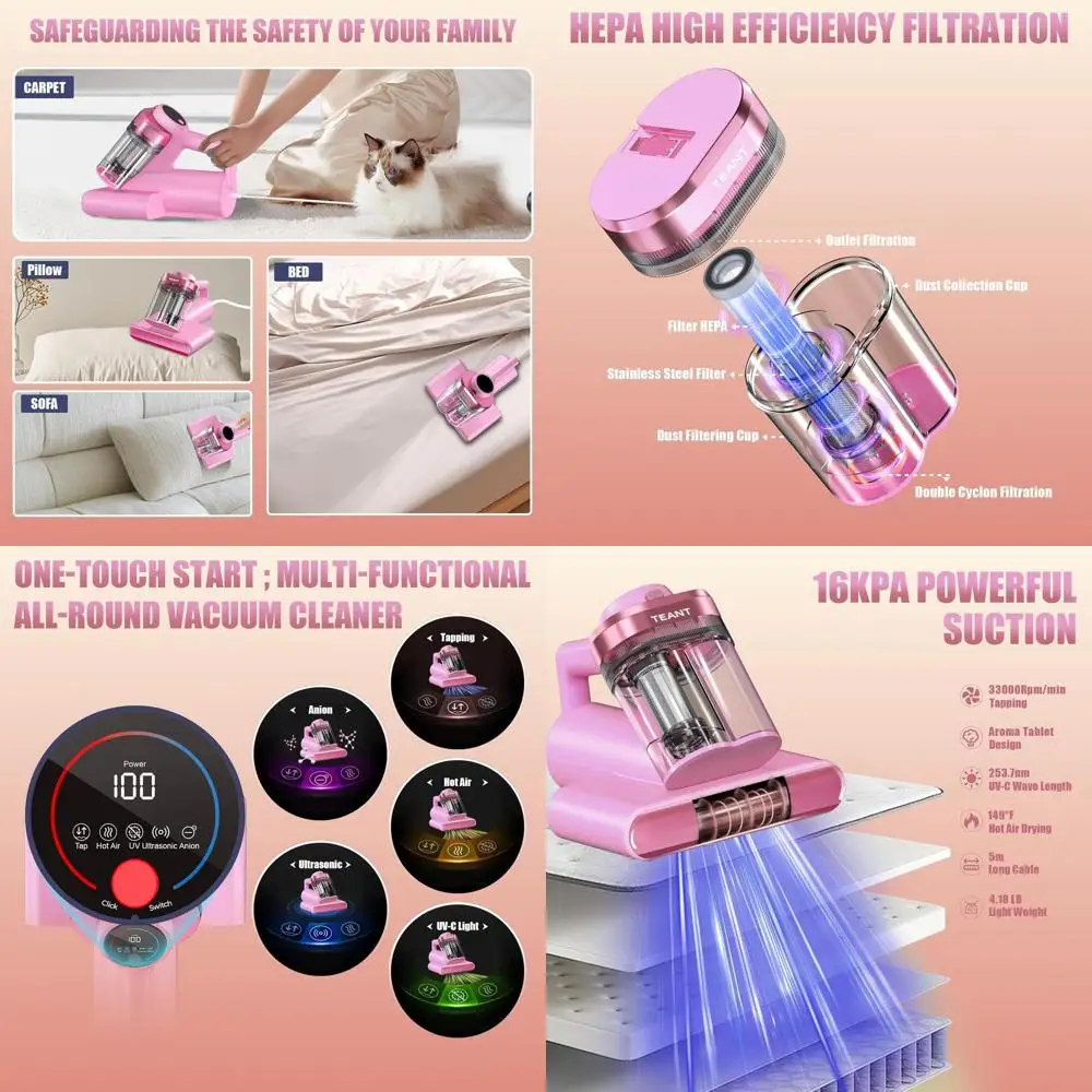 

Пылесос с УФ-С лампой: сила всасывания 16 кПа, частота вибрации 33000 об/мин, HEPA-фильтр, 149 ℉ Тепловая, ультразвуковая и анионная терапия для матрасов и домашних животных