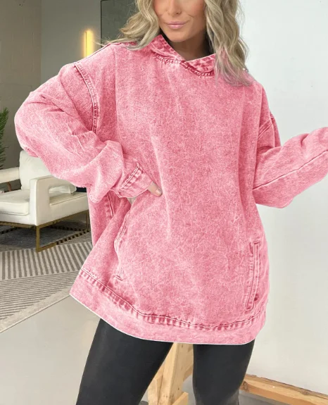 Sweat-shirt en Denim à capuche pour femmes, couleur unie, Texture naturelle, coupe ample décontractée avec poches, haut à manches longues, nouvelle collection automne