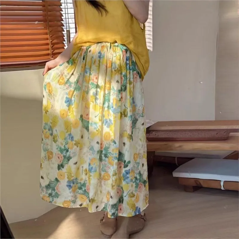 Johnature 2025, lockerer Ethno-Stil, Retro-Distressed-Blau, Patchwork, bedruckt, Ramie, doppellagiges Futter, lässige Damenröcke