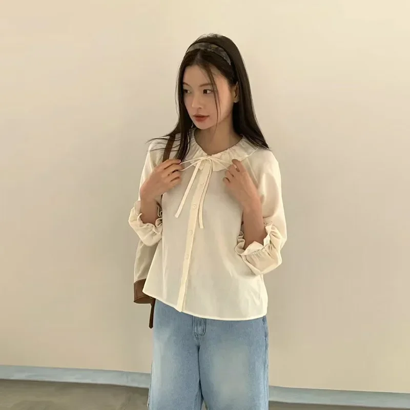 

2025 Spring New Korean Sweet Lace Collar Loose Versatile Skinny Long Sleeve Shirt Women's Top