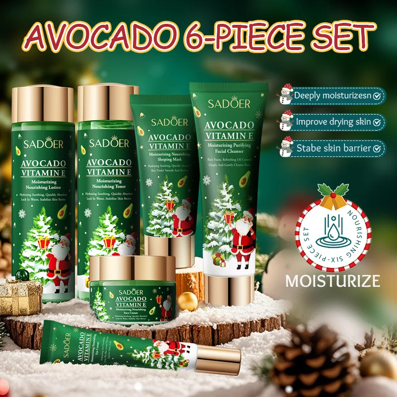 6pcs/Set Christmas Gift Avocado Pomegranate Vitamin E Facial Set for Hydrating Moisturizing Whitening and Brightening Cleansing