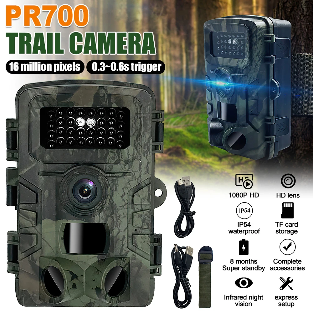 PR700 Wildlife Camera 16MP Waterproof Mini Trail Camera Night Vision PIR Motion Activated Scouting Hunting Cam Animal Monitoring