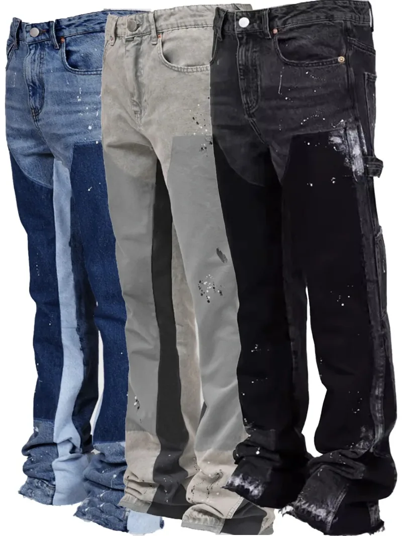 

Washed Jeans Men Vintage Ankle Length Trousers Mid Waist Pockets Button Zipper Fly Distressed Denims Streetwear Straight Pants
