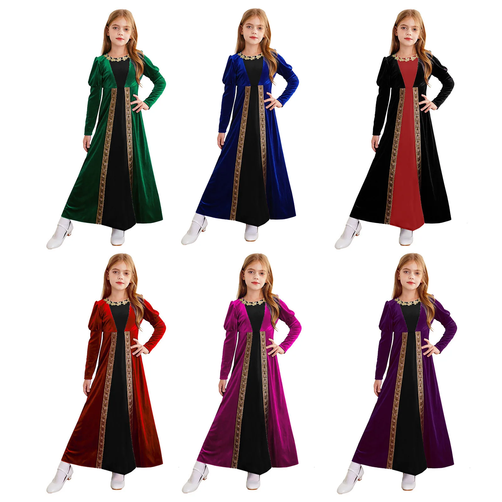 Kids Girls Long Sleeve Medieval Renaissance Velvet Princess Dress Ancient Roman Toga Halloween Party Vampire Cosplay Costume