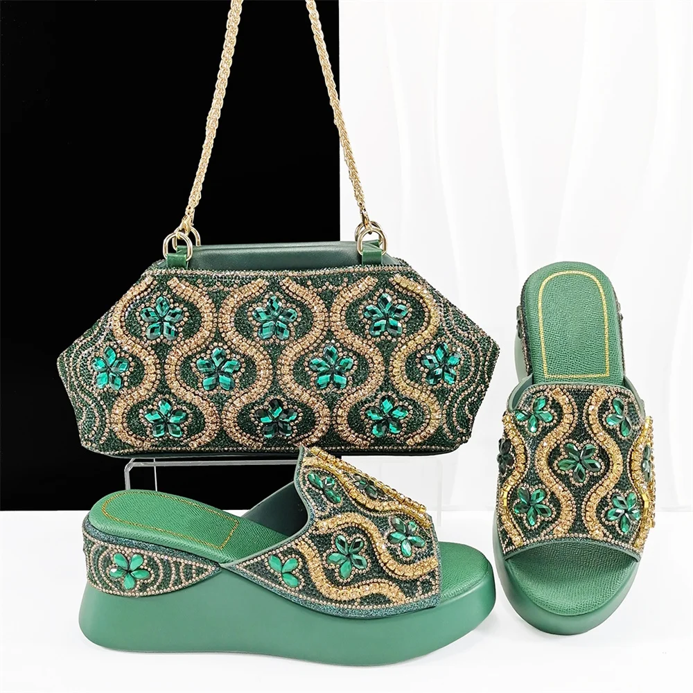 

New Arrival Rhinestone Wedges Shoes And Bags To Match Set Fashion Woman High Heels 7.5CM Shoes And Bag Set For Party Dress