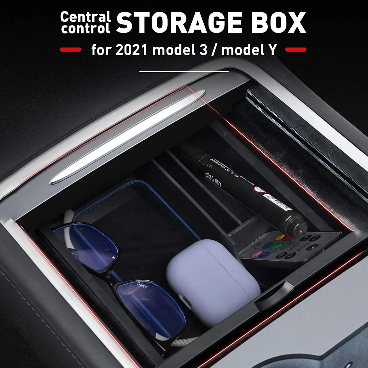 Car Central Armrest Storage Box For Tesla Model 3/Y 2021 Accessories Center Console Flocking Organizer Containers Car Interior