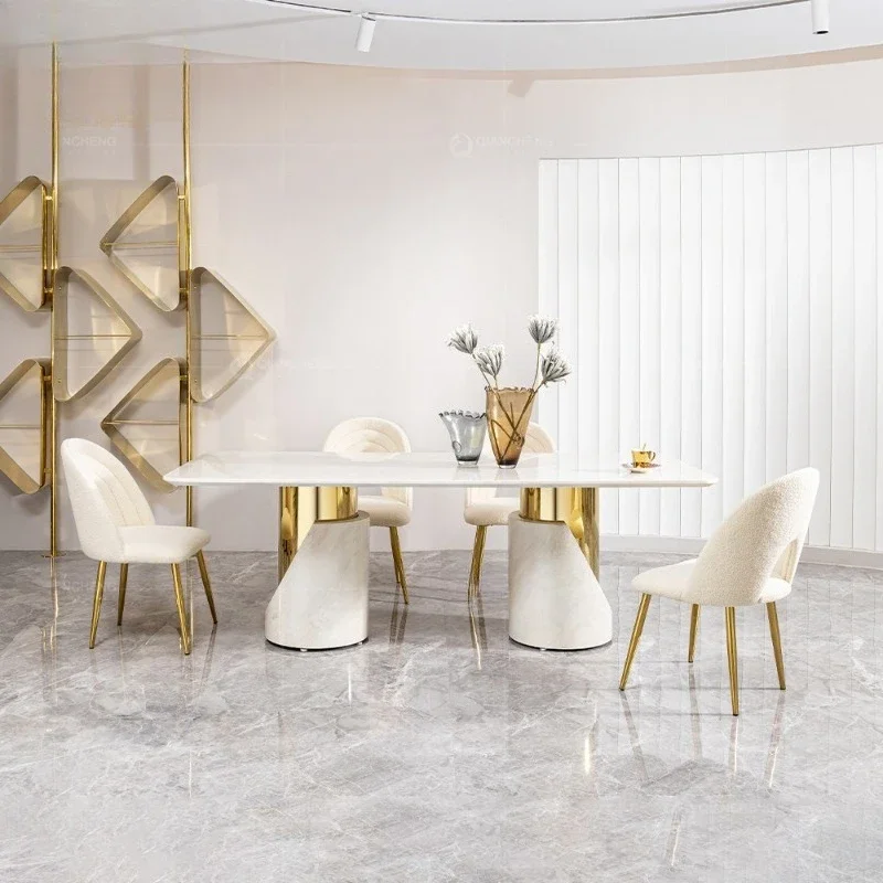 Marble dining table large flat-floor villa high-end home high-end sense 2.2 meters rectangular gold dining table and chair