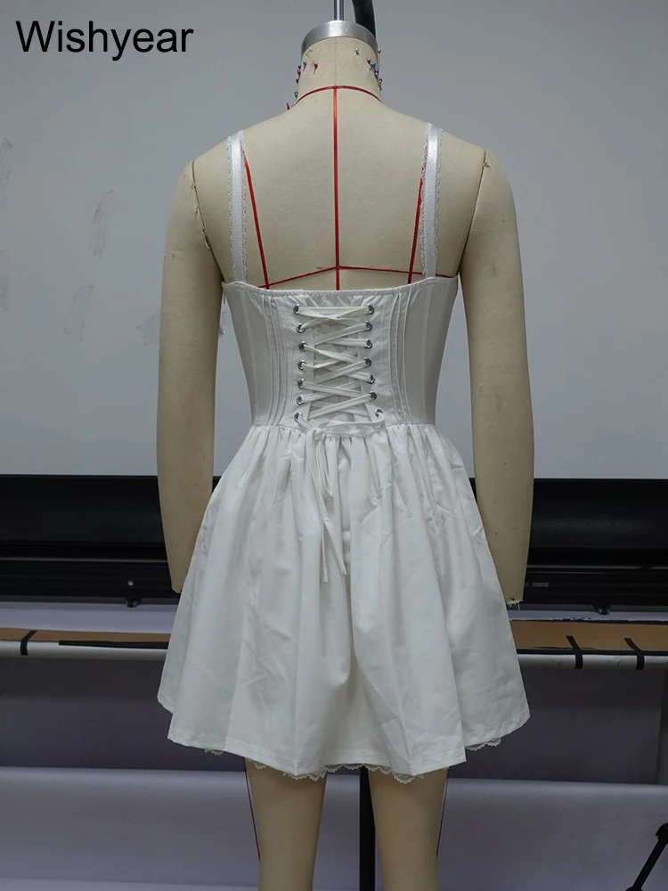 Wishyear エレガントなホワイト A ラインイブニングパーティーミニドレス女性のためのレースアップスパゲッティストラッププリーツホリデー誕生日プロムドレス