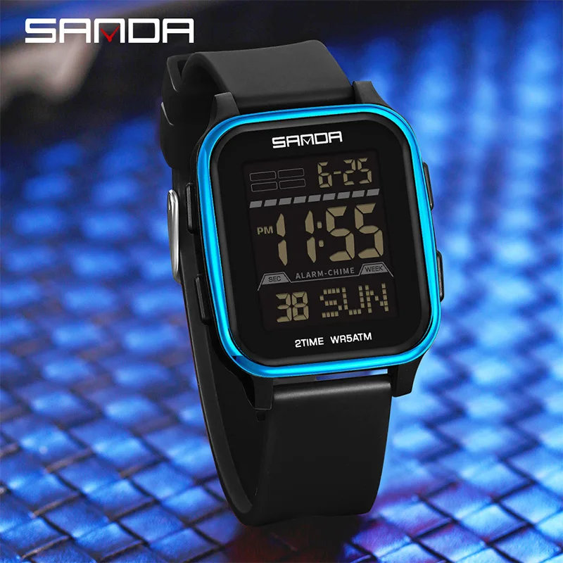 SANDA 2211 جديد مربع ساعة رجالي في الهواء الطلق مضيئة مقاوم للماء متعددة الوظائف الرياضة الطلب الكبير ساعة إلكترونية reloj hombre
